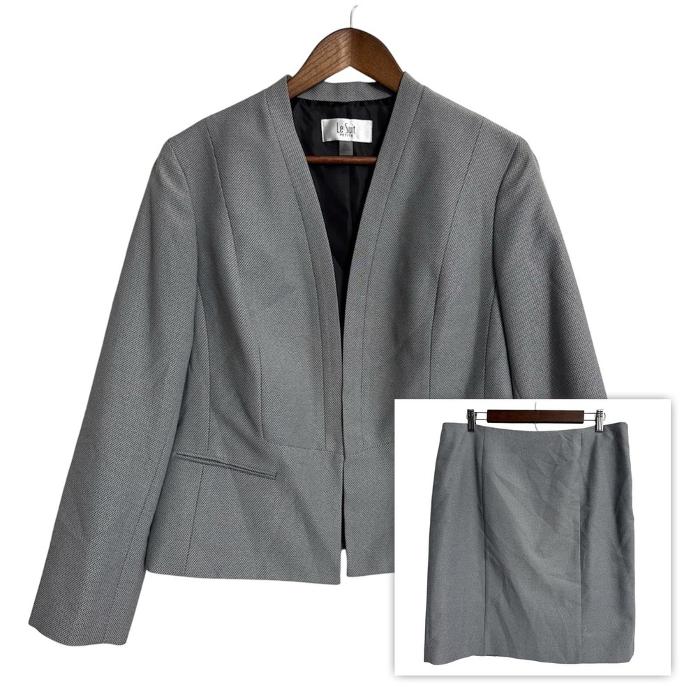 Le Suit blazer jacket women's 14P petite black white geometric open front career